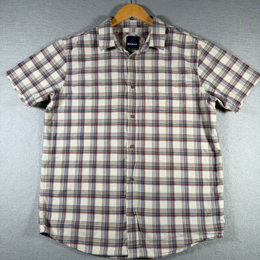 Prana Mens Organic Cotton Plaid Short Sleeve Button Down Shirt M11191472 Large